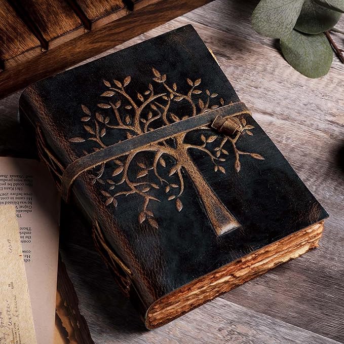 LEATHER VILLAGE Tree of Life Journal - 8 X 6 (A5) inches - Rustic Brown - 200 Antique Deckle Edge Handmade Paper – Book of Shadows - Vintage Leather Bound Journal for Women & Men