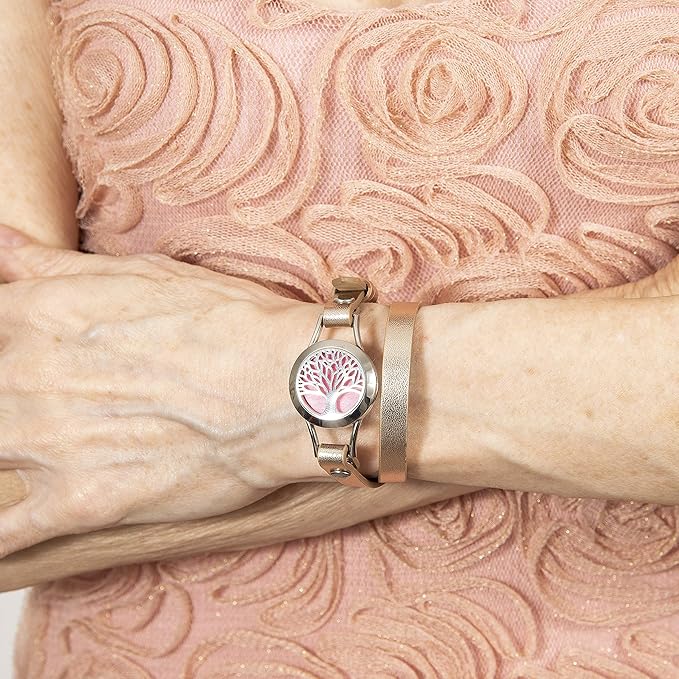 Wild Essentials Tree of Life Essential Oil Bracelet Diffuser, Leather Wrap Band, Stainless Steel Locket Pendant, 12 Color Refill Pads, Customizable Color Changing Perfume Jewelry for Aromatherapy