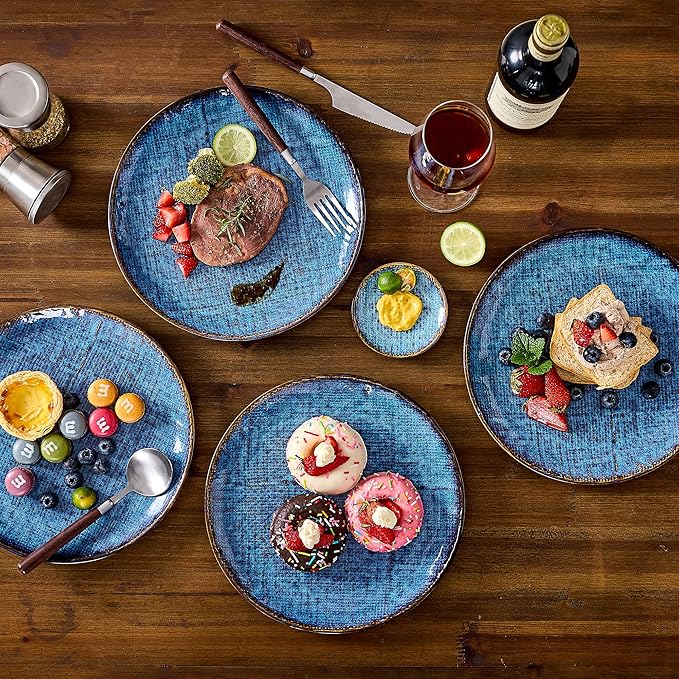 Ceramic Dinner Plates Set of 4, 10 Inch Porcelain Pasta and Salad Plates, Handmade Stoneware Plate Set for 4, Round Dishes for Home Decor, Microwave,Oven,and Dishwasher Safe, Blue