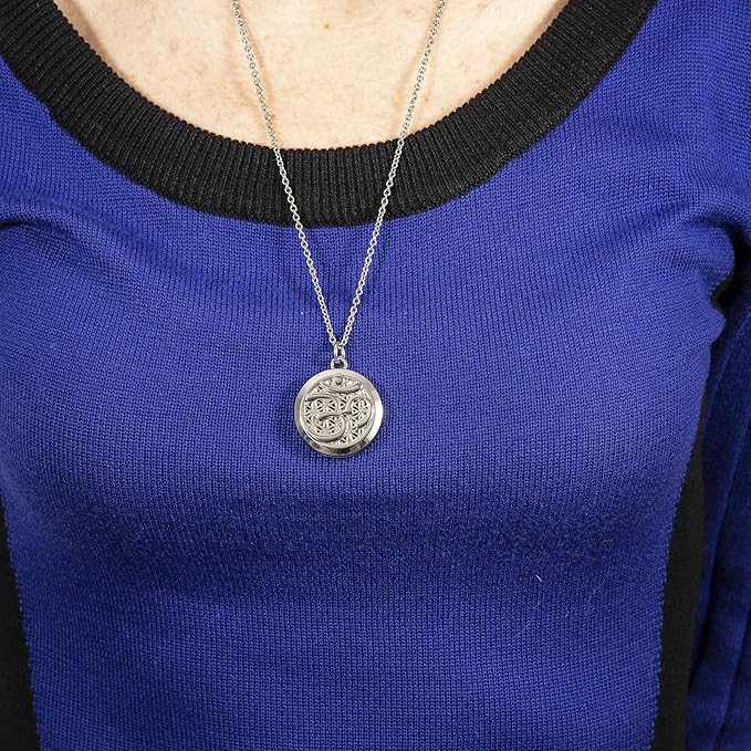 Wild Essentials Pewter Aum Essential Oil Diffuser Necklace Gift Set with Inner Calm & Relax Oils – Nickel Free Alloy Pendant with 12 Color Pads – USA Made Oils & Perfume Necklace – Family Company