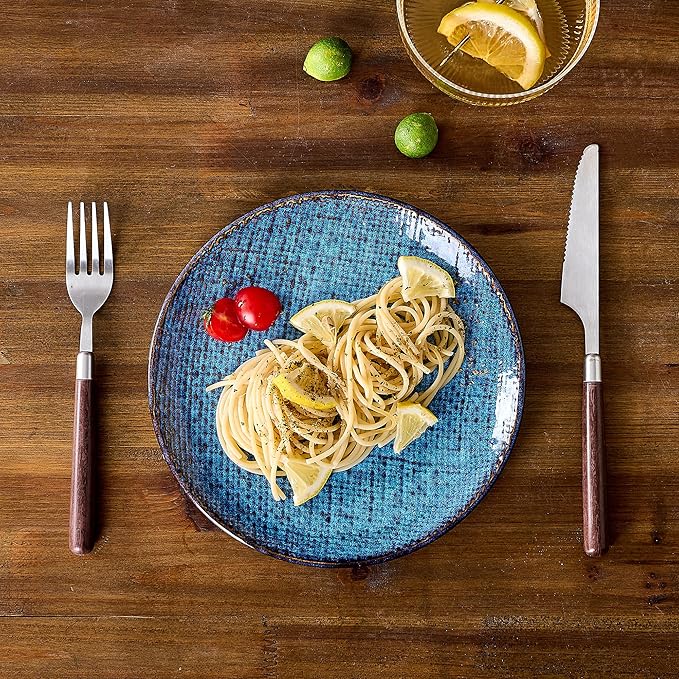 Ceramic Dinner Plates Set of 4, 8 Inch Porcelain Pasta and Salad Plates, Stoneware Plate Set for 4, Handmade Round Dishes for Home Decor, Microwave,Oven,and Dishwasher Safe, Blue