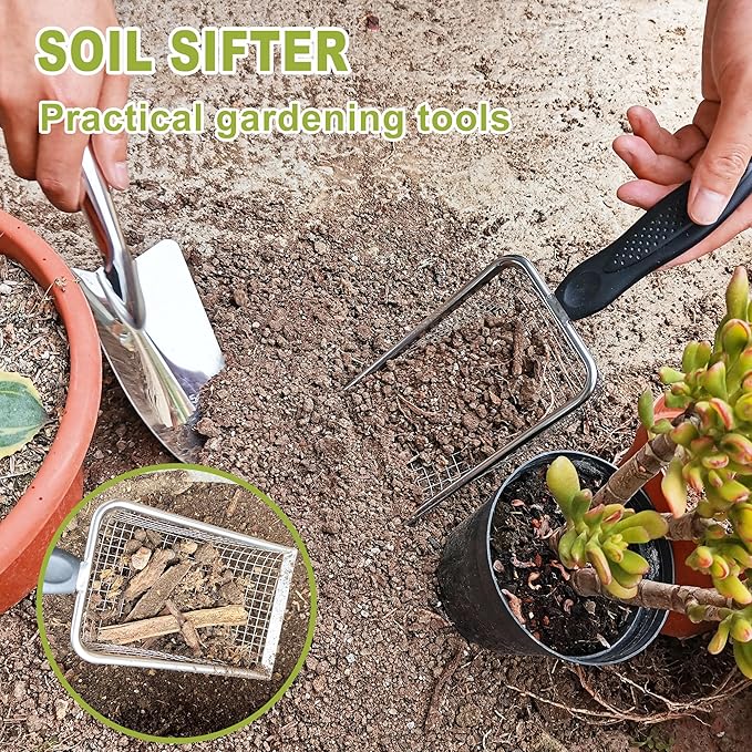 2 Pcs Soil Sifter for Gardening with Garden Shovel Hand Trowel - 3.8/5mm Mesh, Stainless Steel Sifter with Ergonomic Handle for Compost, Sand, Rocks, Potting Soil, Landscaping, Beach & cat Litter