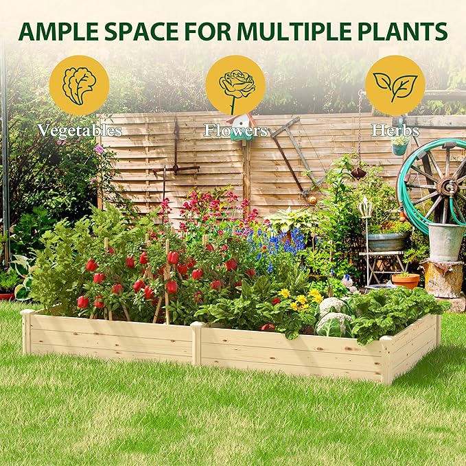 8x4x1 FT Outdoor Wooden Raised Garden Bed, Divisible Elevated Planting Planter Box Kit with Open Base for Vegetables, Flowers, Herbs, Ideal for Outdoor Gardening, Backyard, Patio, Natural
