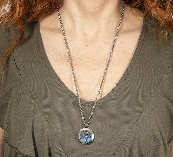 Wild Essentials Tree of Life Essential Oil Diffuser Necklace, Stainless Steel Locket Pendant with 24 inch Chain, 12 Color Refill Pads, Customizable Color Changing Perfume Jewelry for Aromatherapy