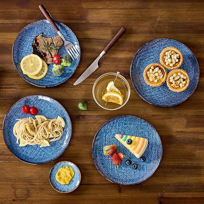 Ceramic Dinner Plates Set of 4, 8 Inch Porcelain Pasta and Salad Plates, Stoneware Plate Set for 4, Handmade Round Dishes for Home Decor, Microwave,Oven,and Dishwasher Safe, Blue