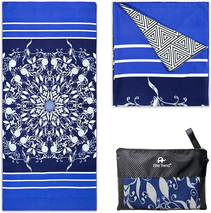 Quick Dry Towel Extra Large 78x35 Inch - Microfiber Beach Towel - Perfect for Beach, Travel, Swimming, Pool, Yoga, Hiking, Camping - Lightweight, Fast Drying, Compact for Adults (Blue Flower)