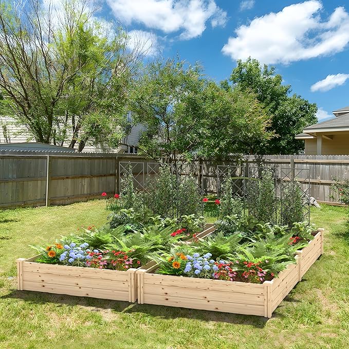 8x4x1 FT Outdoor Wooden Raised Garden Bed, Divisible Elevated Planting Planter Box Kit with Open Base for Vegetables, Flowers, Herbs, Ideal for Outdoor Gardening, Backyard, Patio, Natural
