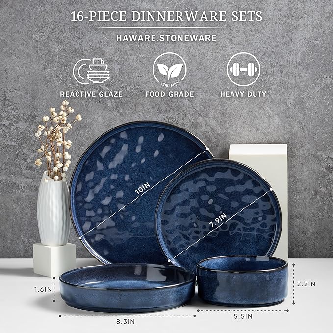 HaWare Dinnerware Sets, 16-Piece Plates and Bowls Set, Stoneware Dish Set for 4, Ceramic Dishware Set for Pasta Cereal, Chip and Scratch Resistant, Microwave and Dishwasher Safe, Reactive Starry Blue