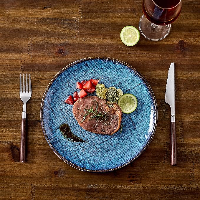 Ceramic Dinner Plates Set of 4, 10 Inch Porcelain Pasta and Salad Plates, Handmade Stoneware Plate Set for 4, Round Dishes for Home Decor, Microwave,Oven,and Dishwasher Safe, Blue