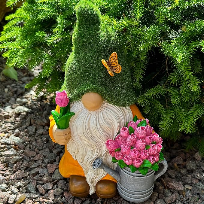 Mood Lab Garden Gnome - Solar Gnome Figurine with Tulips - 9.45 Inch Tall Flower Decor Outdoor Lawn Statue with LED Lights in Tulips