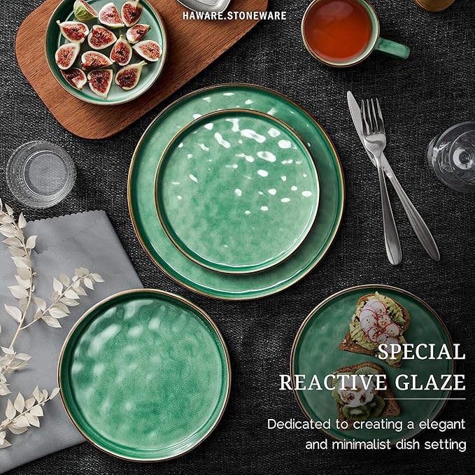 HaWare Dinnerware Sets, 6-Piece Plates and Bowls Set, Stoneware Dish Set for 2, Ceramic Dinnerware for Home Restaurant, Chip and Scratch Resistant, Microwave and Dishwasher Safe, Reactive Green