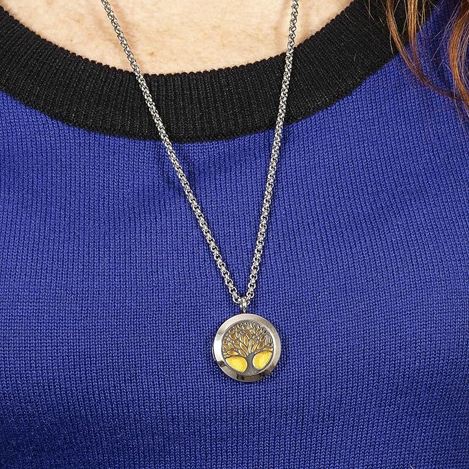 Tree of Life and Wisdom Eye Essential Oil Diffuser Necklace Stainless Steel Pendants with 24" Chains + 12 Refill Pads
